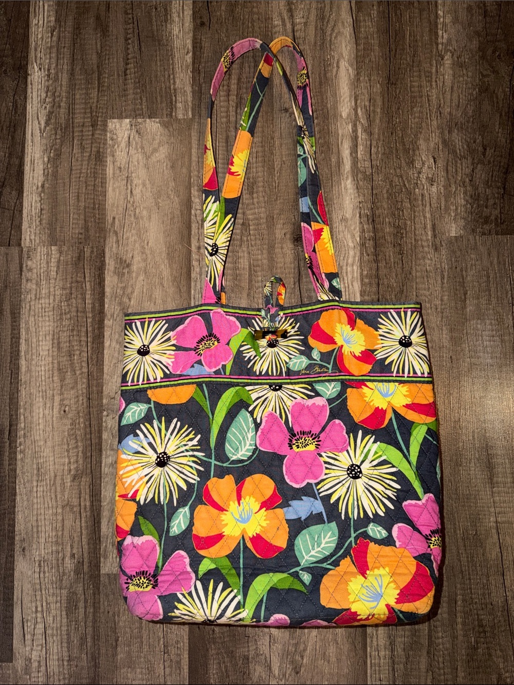 Vera Bradley Gray Quilted Tote with Pink, Orange, Yellow & Green Floral Print